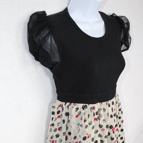 Forever 21 Women's Dress Polka Dot Short Sleeve Puffy  Black Beige Red Small - Picture 4 of 8